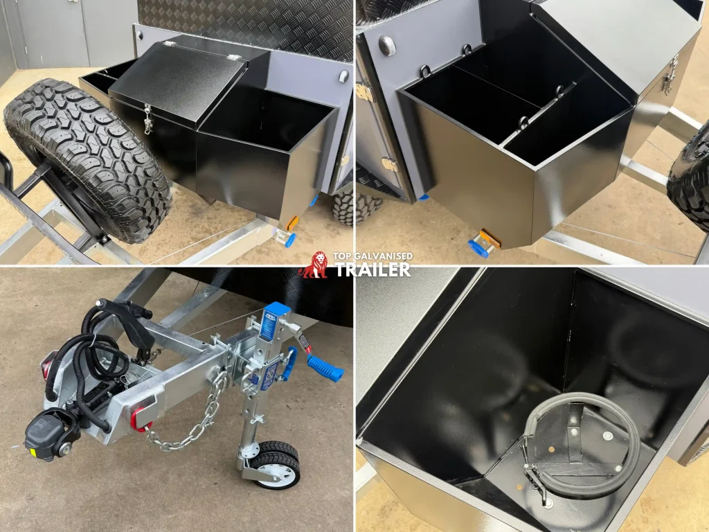 off road camper trailer with jerry can holder and gas holder