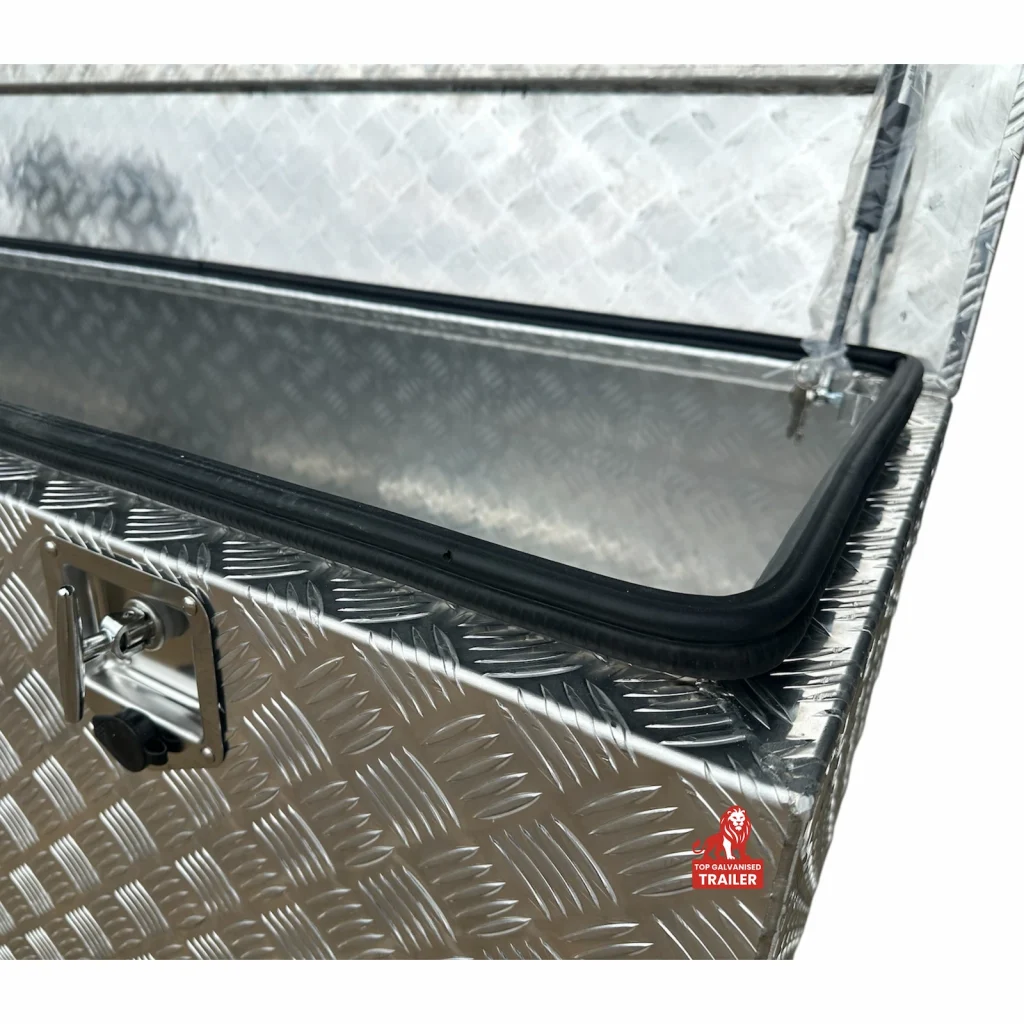 trailer toolbox with gas struts and rubber seal